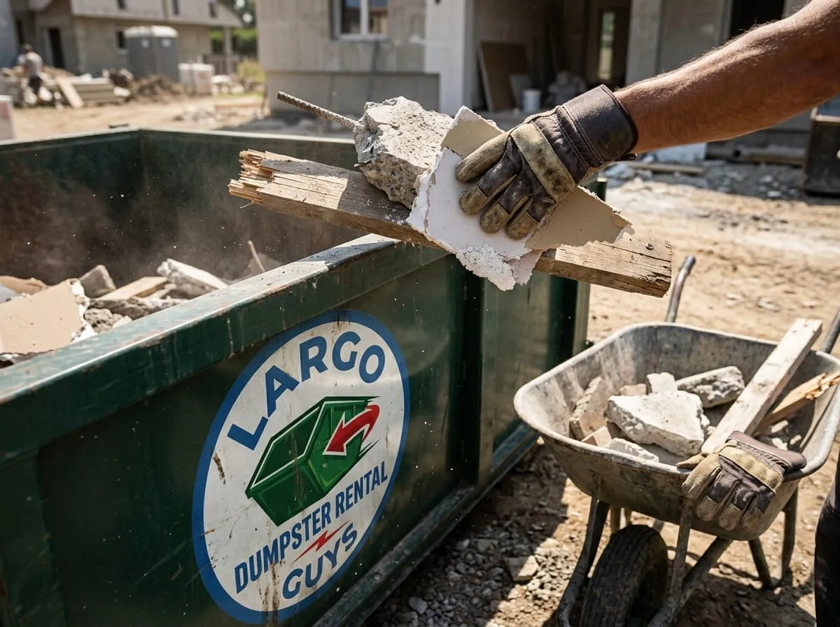 Broken masonry being tipped into a roll-off container in Largo, Florida
