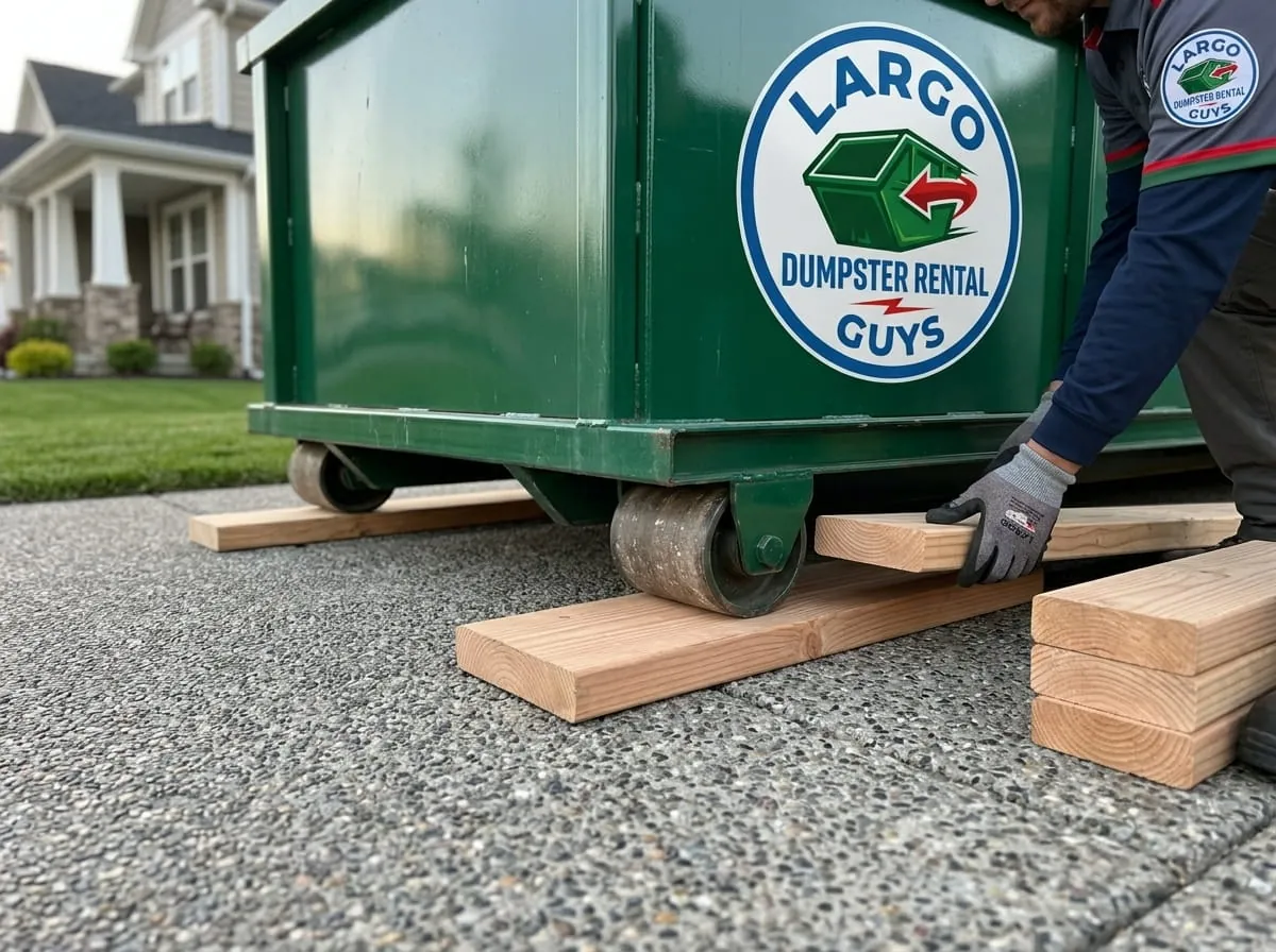 Close-up of roll-off dumpster wheels resting on timber protection boards