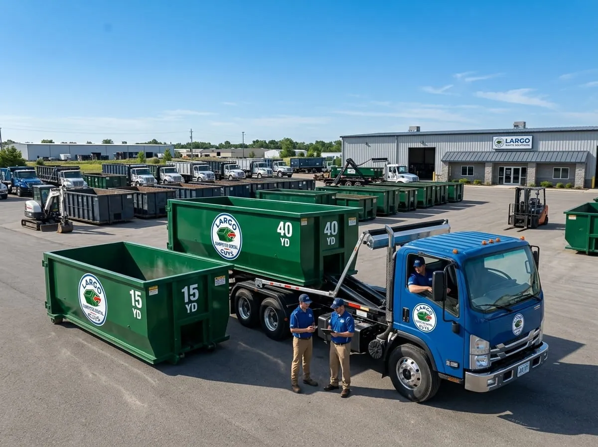 Largo Dumpster Rental Guys roll-off truck fleet parked at the Largo yard