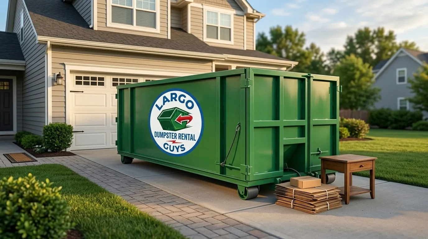 Roll-off container with furniture alongside during a cleanout in Largo, Florida