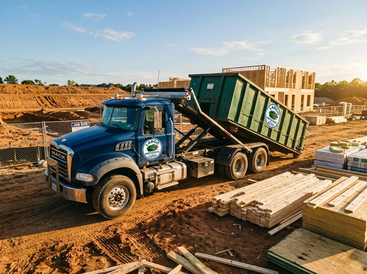Roll-off truck at a framing site with stacked lumber in Largo, Florida